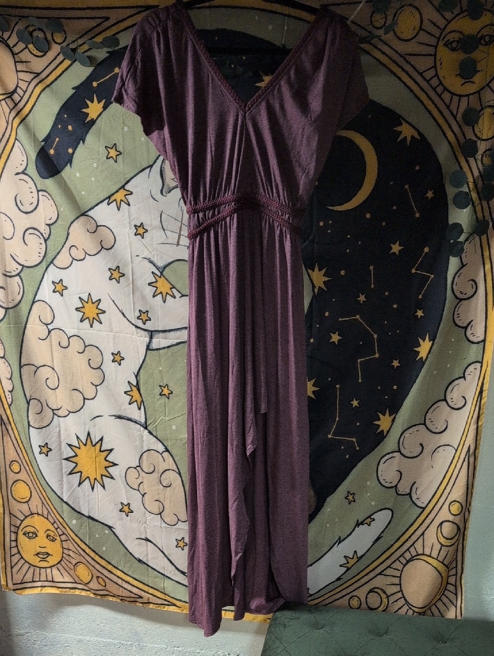 Joyfolie Plum V-Neck Maxi Dress with Waist Tie